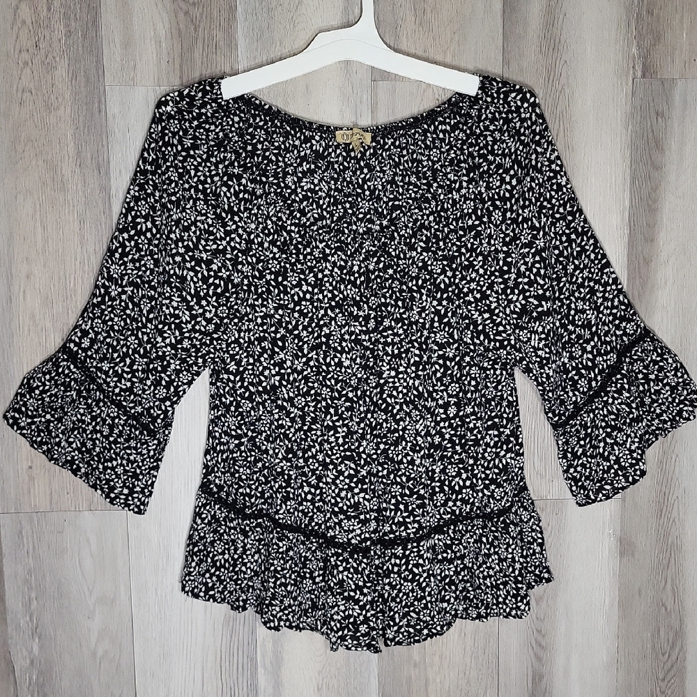 Democracy Womens Large Peplum Floral Blouse‎ Ladder Lace Bell Sleeve Whimsical